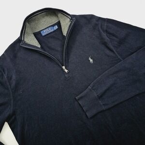 Polo Ralph Lauren Sweater Mens Medium Blue Navy Quarter Zip Mock Neck Pony Logo